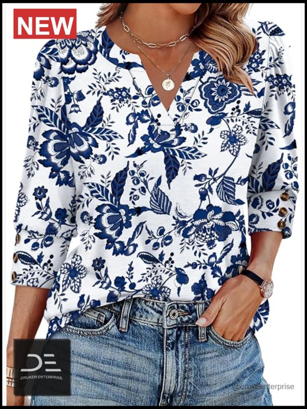 3/4 Sleeve V-Neck Blouse with Button Cuffs Dressy Casual Summer Top
